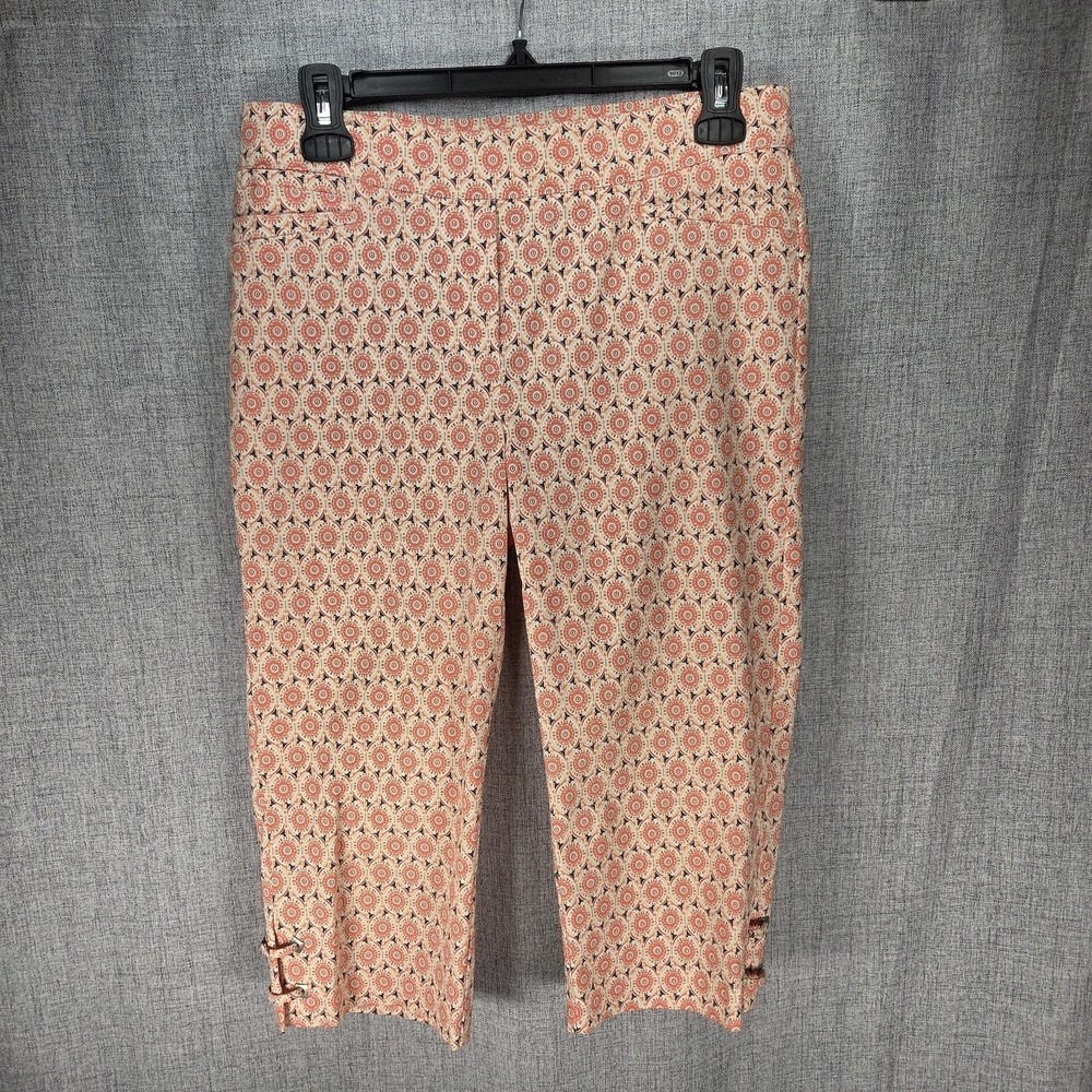 89th & Madison Women's Cropped Stretch Pull On Capri Orange Geometric Sz Small